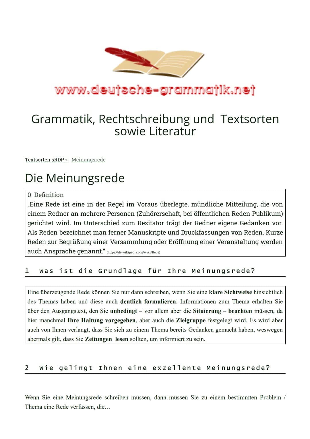 www.deutsche-grammatik.net
Grammatik, Rechtschreibung und Textsorten
sowie Literatur
Textsorten SRDP » Meinungsrede
Die Meinungsrede
0 D