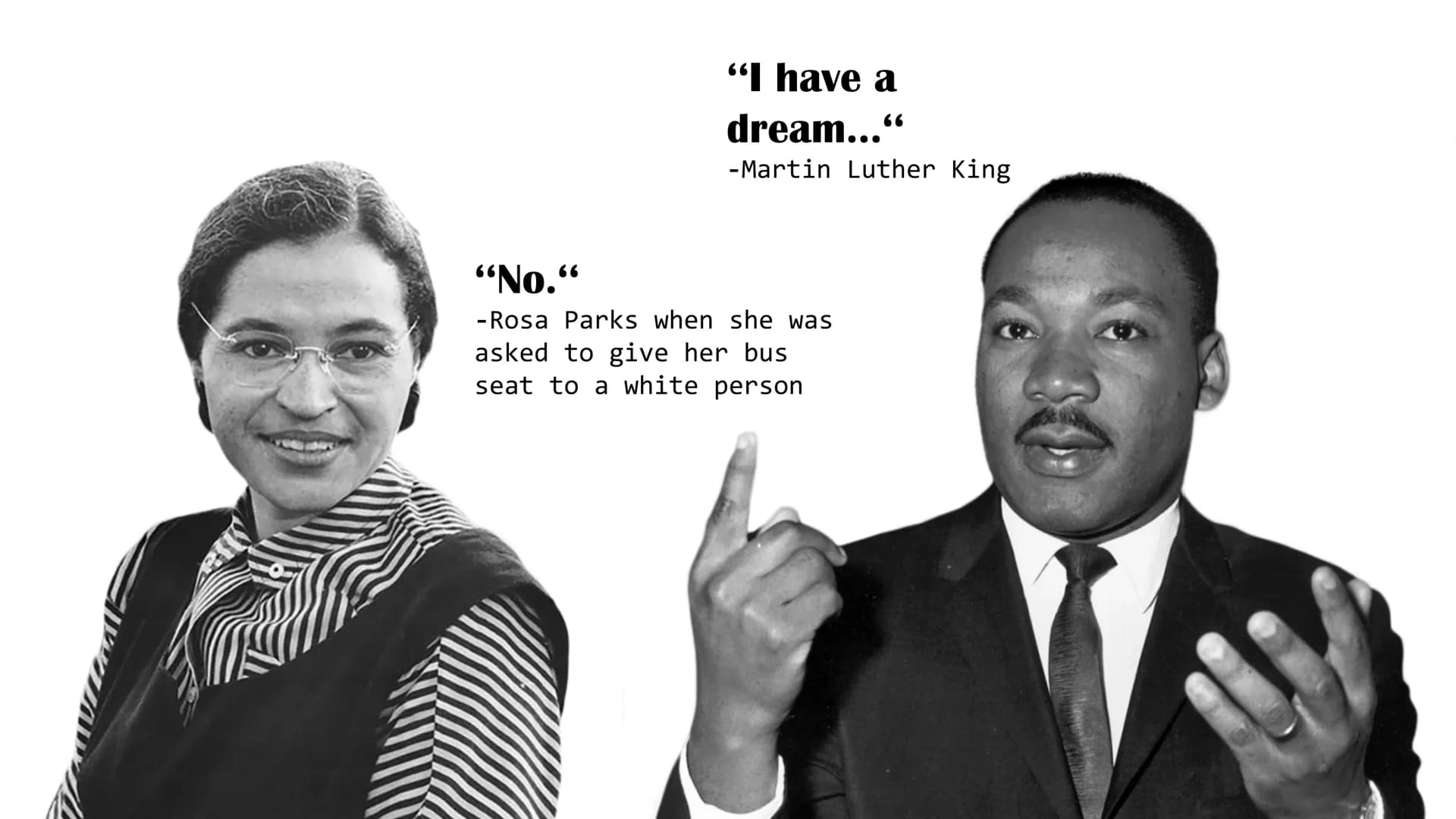 "I have a
dream..."
-Martin Luther King
"No."
-Rosa Parks when she was
asked to give her bus
seat to a white person MALCOLM X
A RADICAL ACT