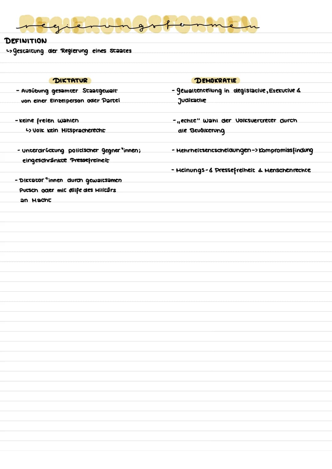 # POLITIK
UNTERTHEMEN
• REGIERUNGSFORMEN
>Diktatur
>Demokratie
}
Definitionen, Herkmale, Ausprägungen, Vor- & Nachteile
• VERFASSUNGSPR