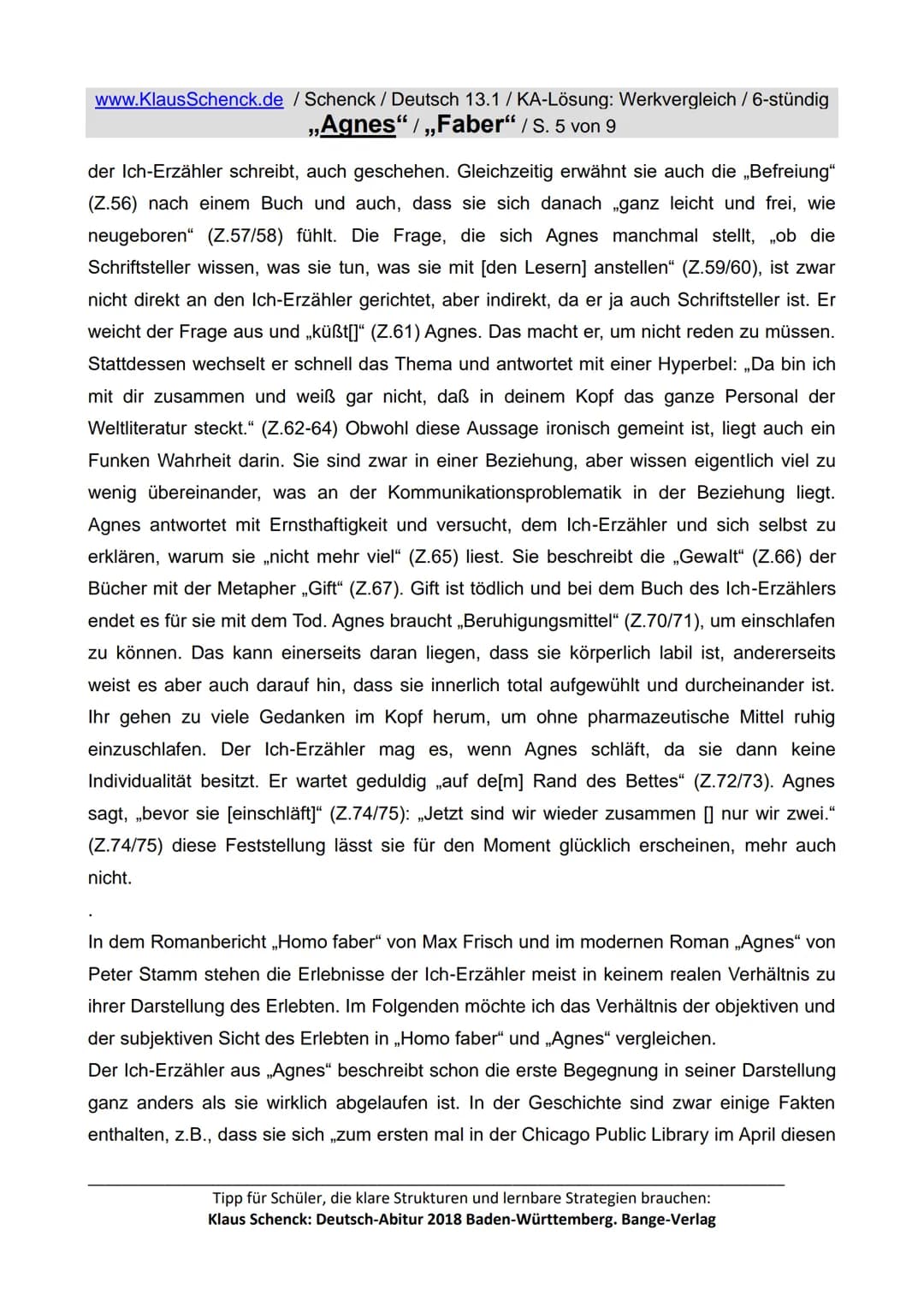 www.Klaus Schenck.de / Schenck / Deutsch 13.1/KA-Lösung: Werkvergleich / 6-stündig
„Agnes"/„Faber" / S. 1 von 9
Aufgaben:
1. Interpretiere