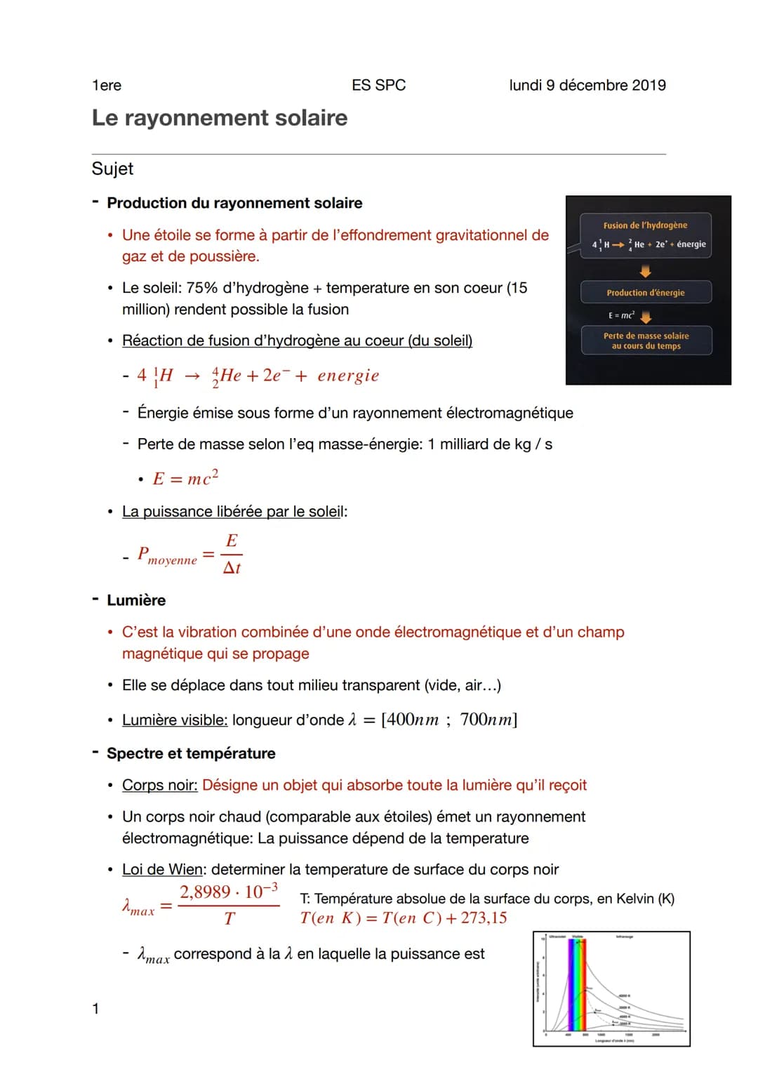 1ere
Le rayonnement solaire
Sujet
ES SPC
lundi 9 décembre 2019
Production du rayonnement solaire
- Une étoile se forme à partir de l'e