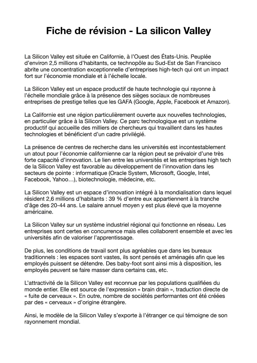 # Fiche de révision - La silicon Valley
La Silicon Valley est située en Californie, à l'Ouest des États-Unis. Peuplée
d'environ 2,5 million