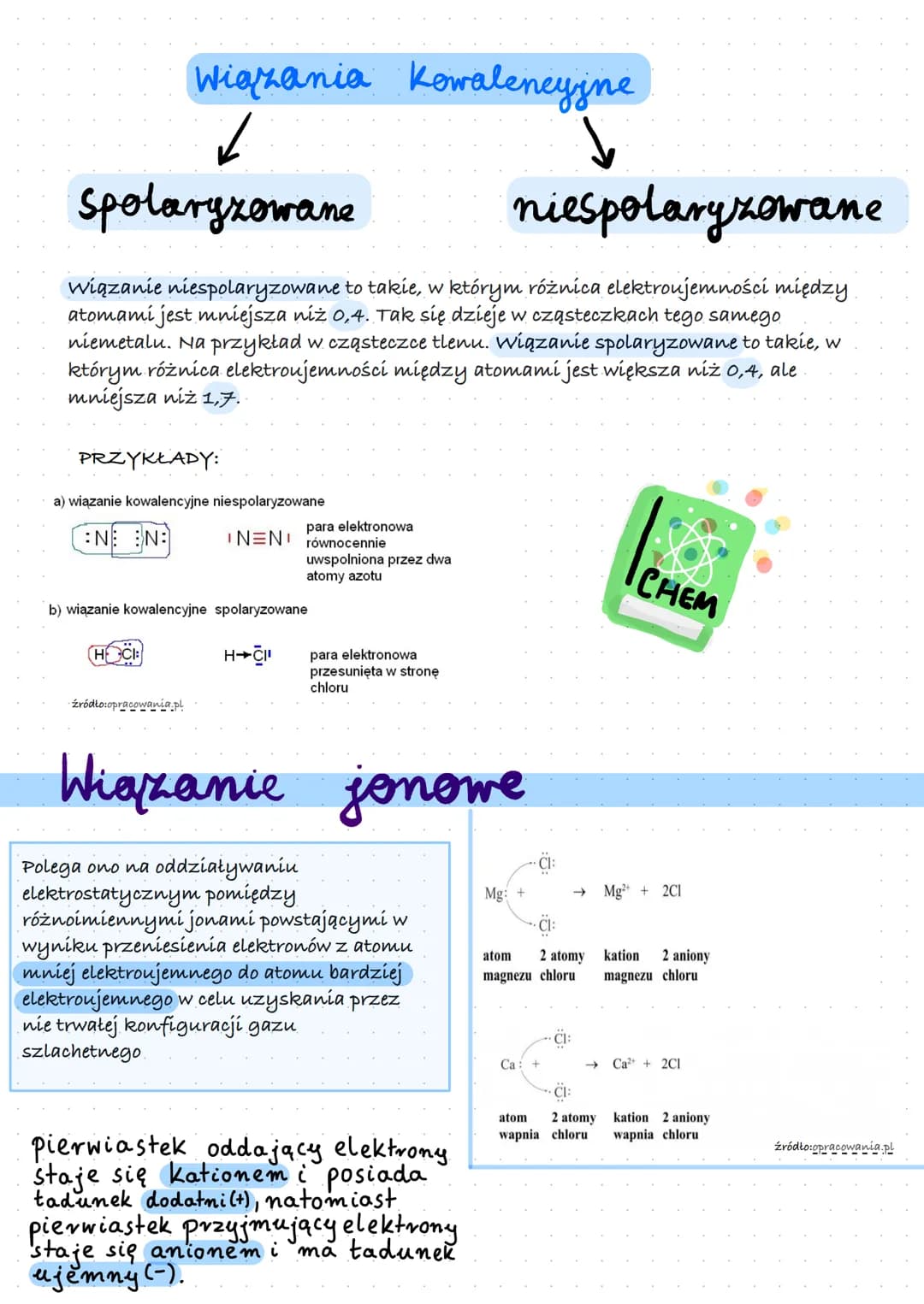 # WIAZANIA CHEMICZNE
<1,7 WIĄZANIE KOWALENCYJNE
>1,7 WIĄZANIE JONOWE
}
Rodzaj wiązania określamy
poprzez obliczenie RÓŻNICY
ELEKTROUJEMNO