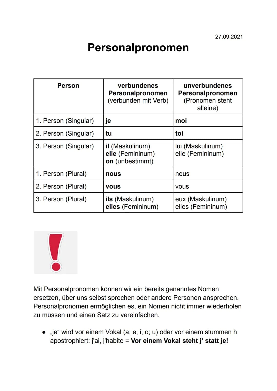 Personalpronomen
27.09.2021
| Person | verbundenes Personalpronomen (verbunden mit Verb) | unverbundenes Personalpronomen (Pronomen steht
