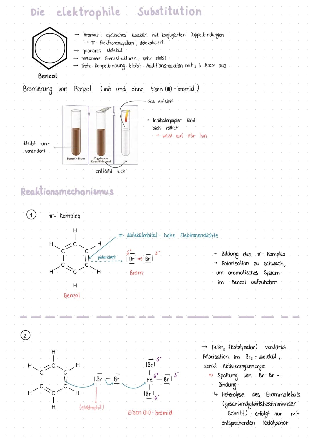 # Die elektrophile Substitution.
Benzol
- Aromat cyclisches Molekühl mit konjugierten Doppelbindungen
- T-Elektronensystem, delokalisiert