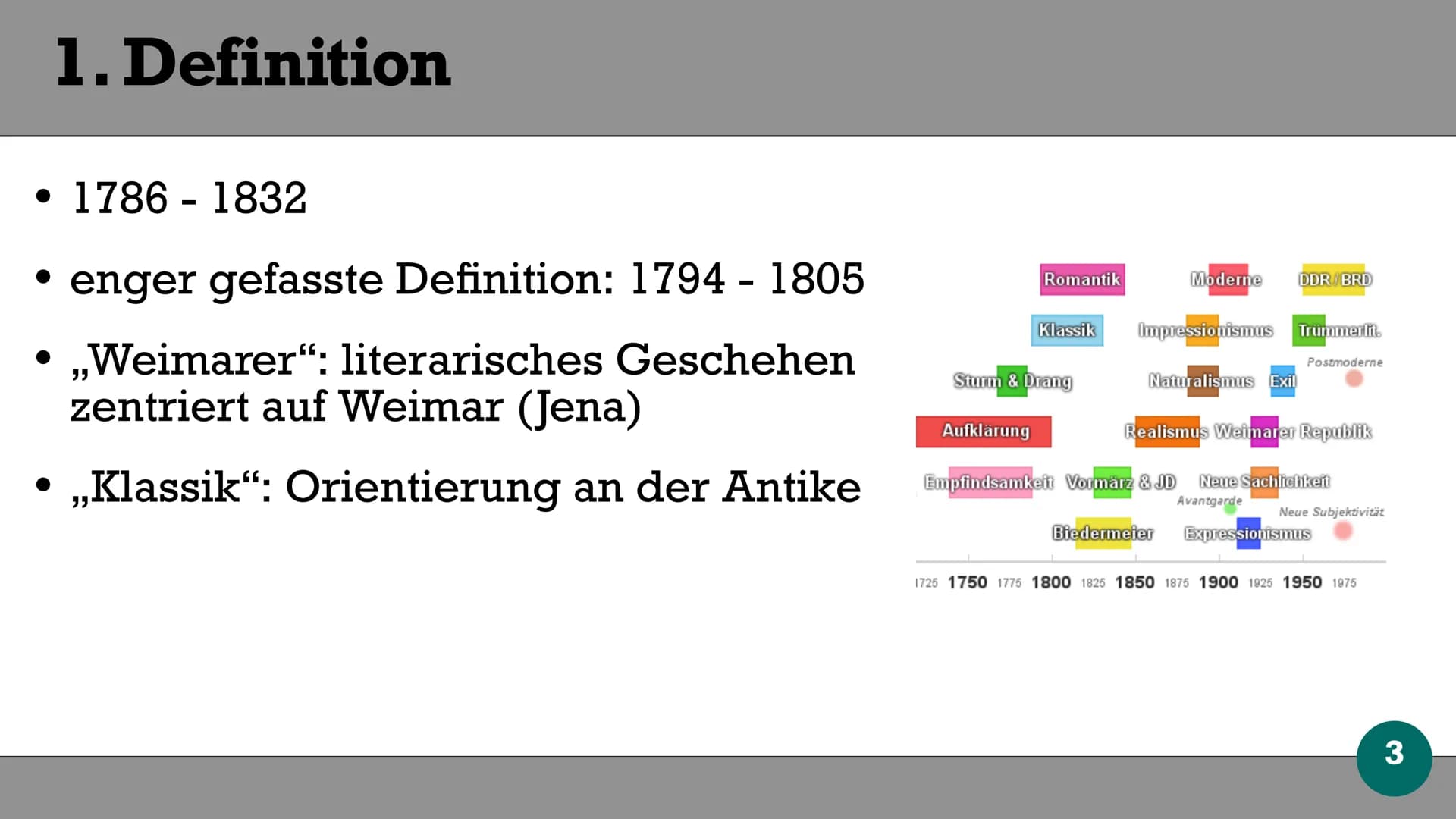23.09.2020
# Weimarer Klassik
- 1786-1832 (enger gefasste Definition: 1794 - 1805)
- „Weimarer": liter. Geschehen zentriert auf Weimar
- „Kl