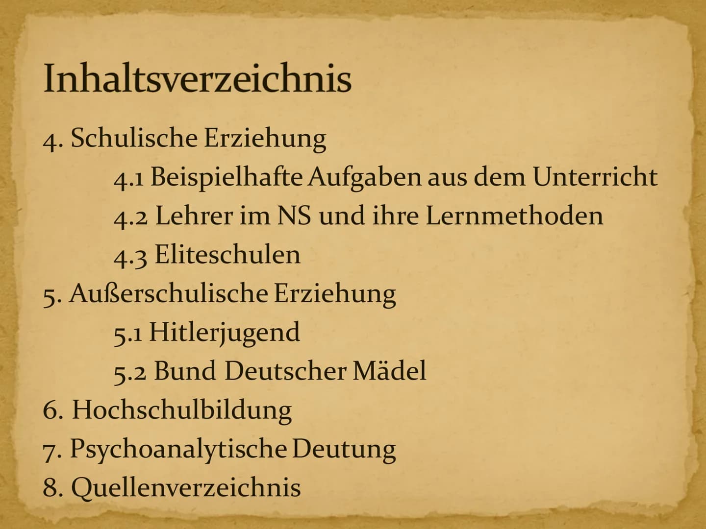 Erziehung im Nationalsozialismus # Inhaltsverzeichnis
1. Kurzbiographie Adolf Hitler
2. Hitlers Erziehungsgrundsätze und -ziele
3. Vorschul