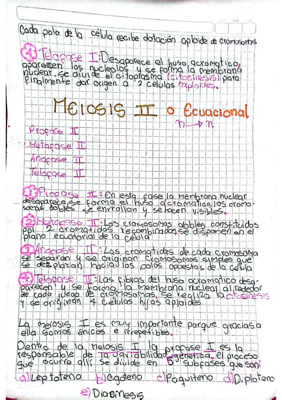 OD
MM
# División Celular
MEIOSIS
La meiosis es un proceso en el cual a partir de
una celula diplode (2n) se obtienen 4 celulas
hijas que son