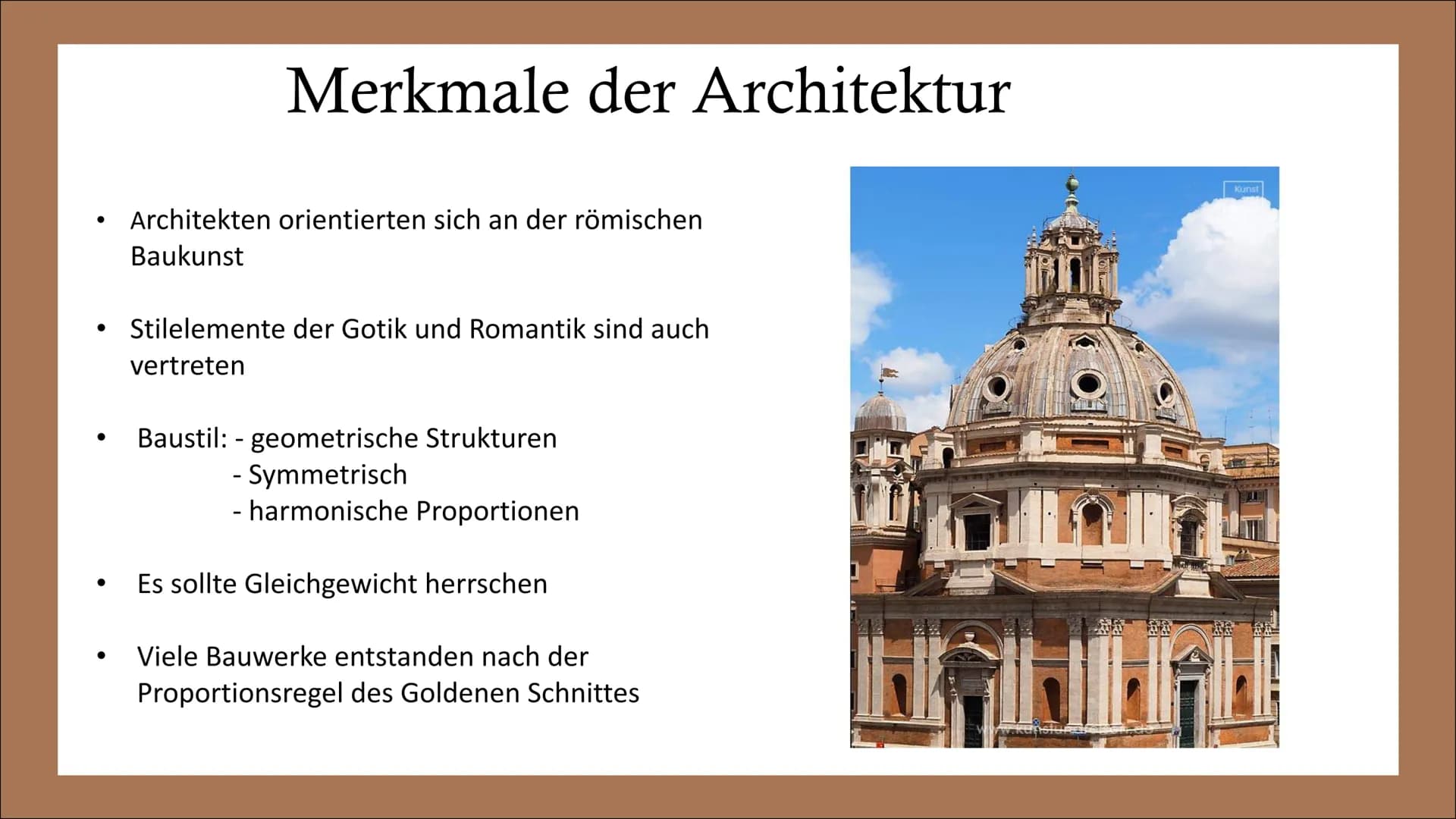 ARCHITEKTUR
DER RENAISSANCE GLIEDERUNG
• Die Architektur der Renaissance
– Allgemeine Informationen zur Architektur
– Merkmale
– Bauteil