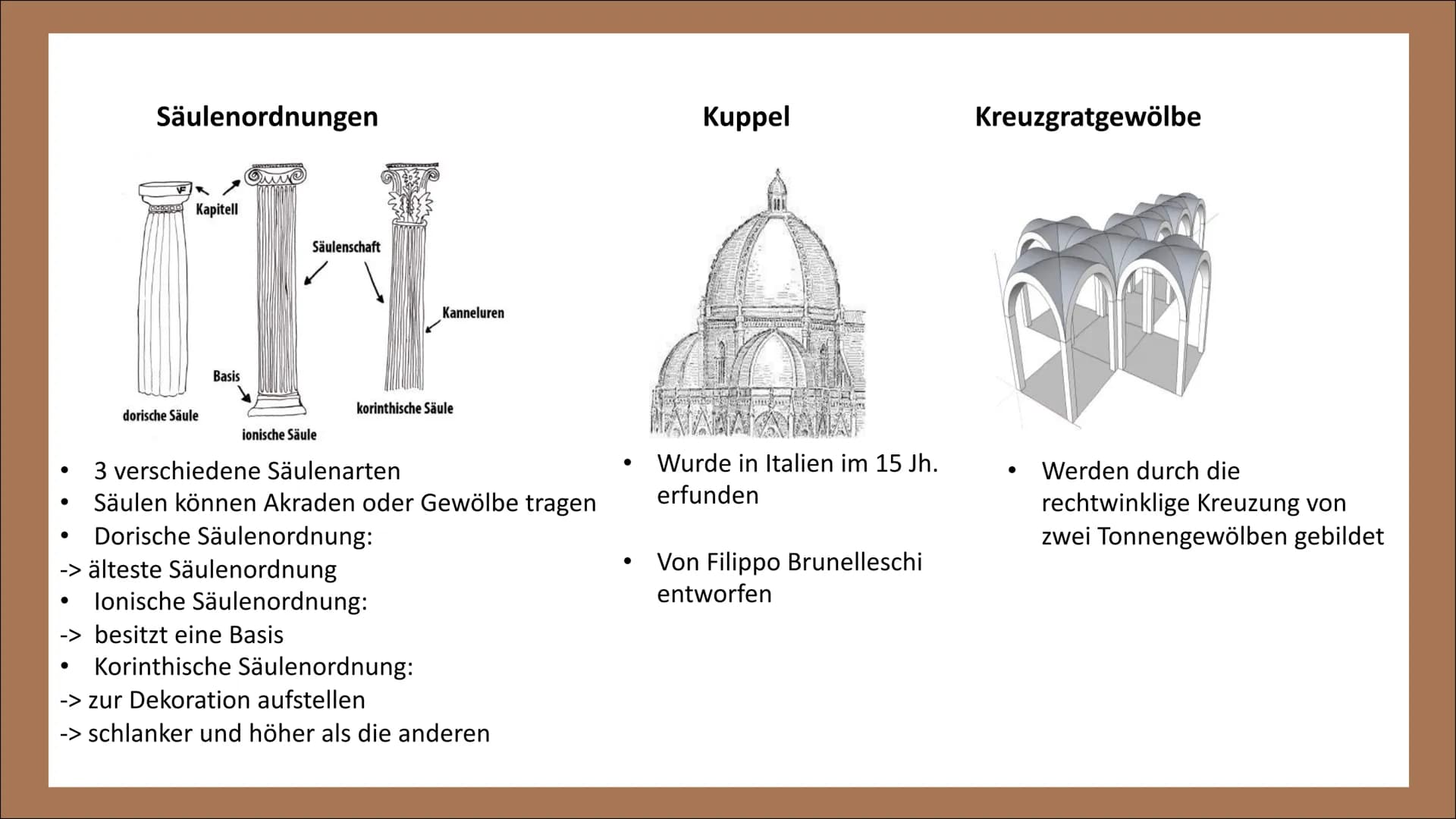 ARCHITEKTUR
DER RENAISSANCE GLIEDERUNG
• Die Architektur der Renaissance
– Allgemeine Informationen zur Architektur
– Merkmale
– Bauteil
