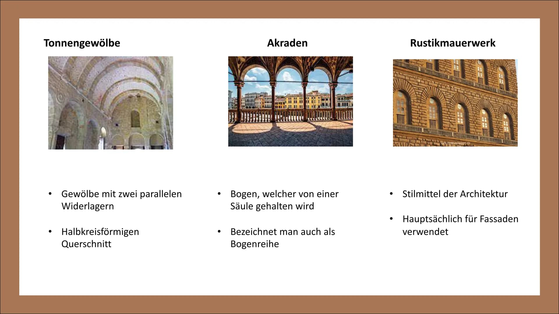 ARCHITEKTUR
DER RENAISSANCE GLIEDERUNG
• Die Architektur der Renaissance
– Allgemeine Informationen zur Architektur
– Merkmale
– Bauteil