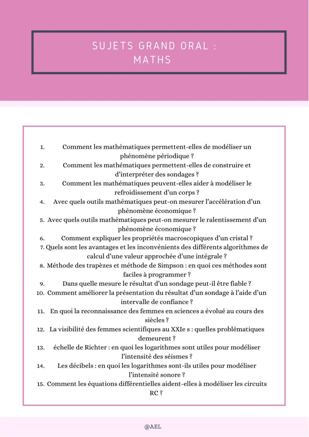 SUJETS GRAND ORAL :
MATHS
1. Comment les mathématiques permettent-elles de modéliser un
phénomène périodique?
2. Comment les mathématiques