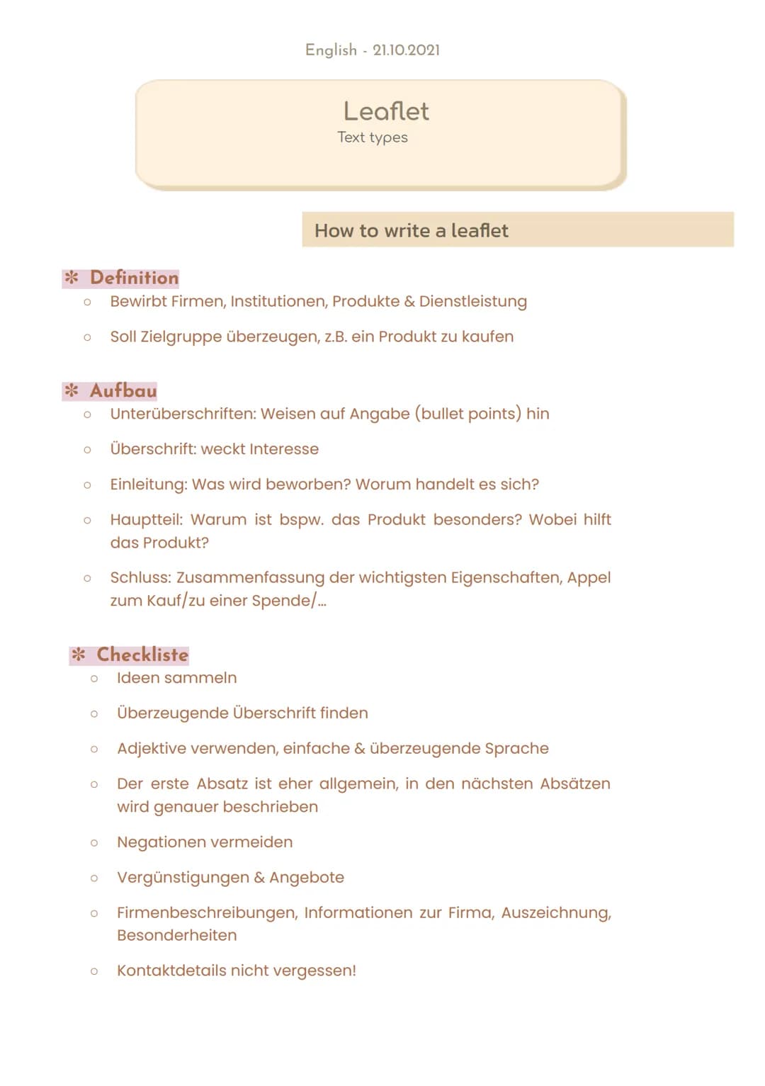 English 21.10.2021
Leaflet
Text types
How to write a leaflet
* Definition
Bewirbt Firmen, Institutionen, Produkte & Dienstleistung
0 Soll