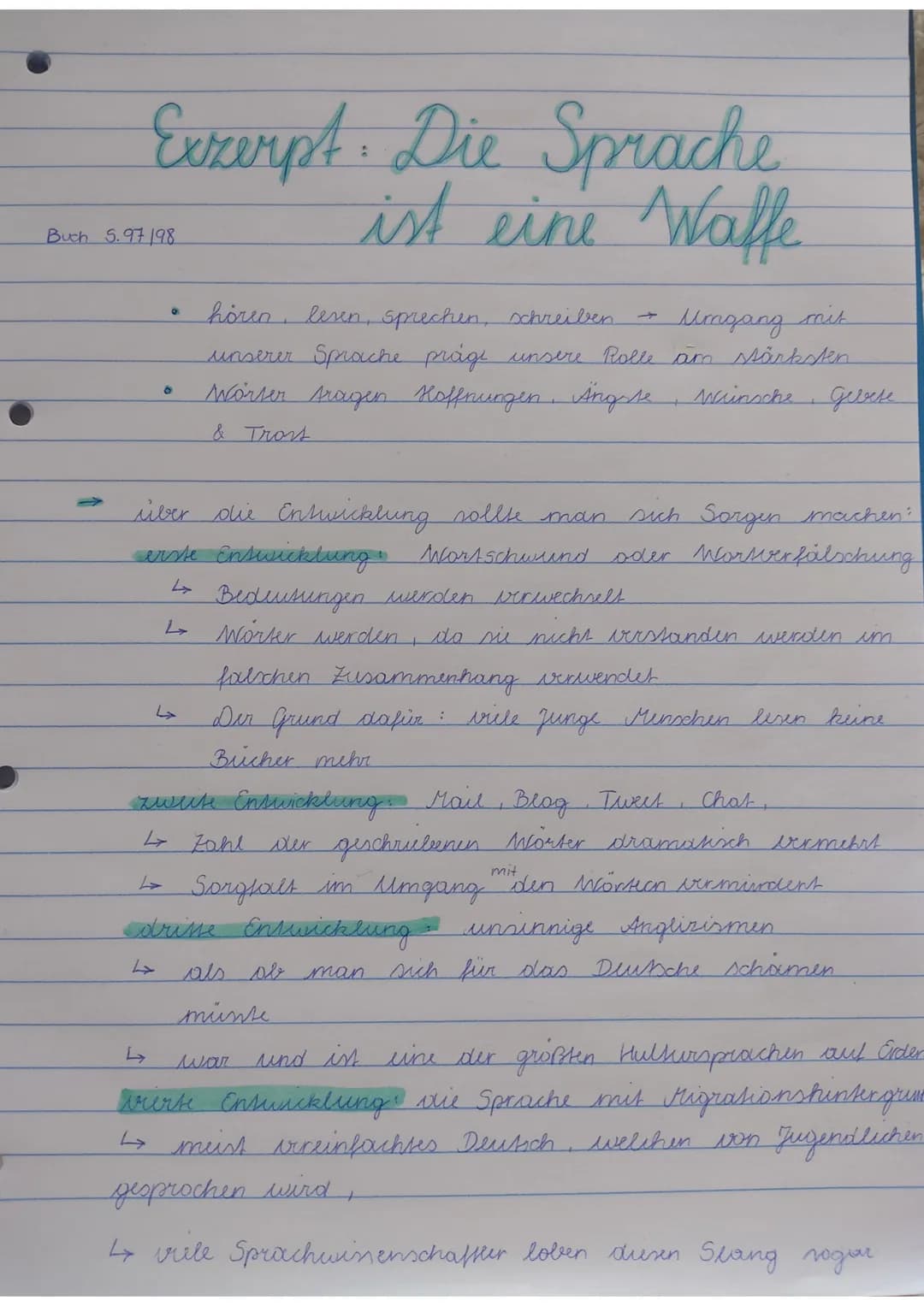 # Exzerpt: Die Sprache.
ist eine Waffe
Buch 5.97198
- hören, leven, sprechen, schreiben $\rightarrow$ Umgang mit
unserer Sprache prage unser