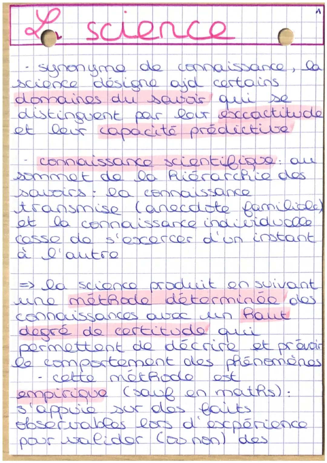 # Lo science
A
- synonyme de connaissance, la
science désigne ajd certains.
domaines du savas qui se
distinguent par laut excactitude
et leu