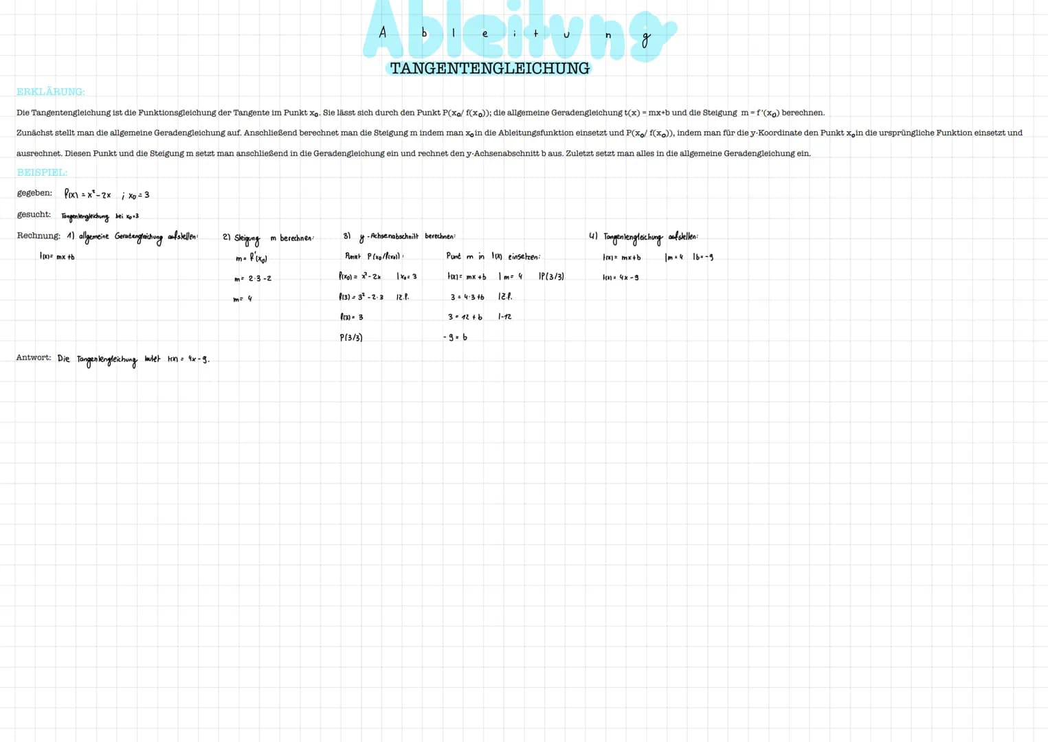 # Ableitung
## ABLEITUNGSFUNKTION (H-MEHODE)
### ERKLÄRUNG:
Die Ableitungsfunktion lässt sich auf mit verschiedenen Regeln bestimmen. Allerd
