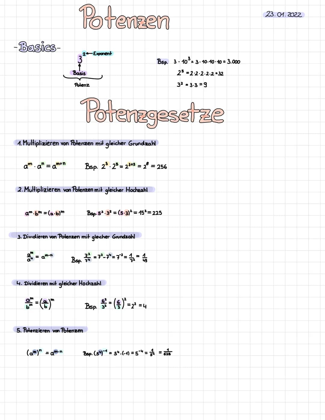 # Potenzen
-Basics-
2←Exponent
3
Basis
Potenz
Bsp. $3 \cdot 10^3 = 3 \cdot 10 \cdot 10 \cdot 10 = 3.000$
$2^5 = 2 \cdot 2 \cdot 2 \cd