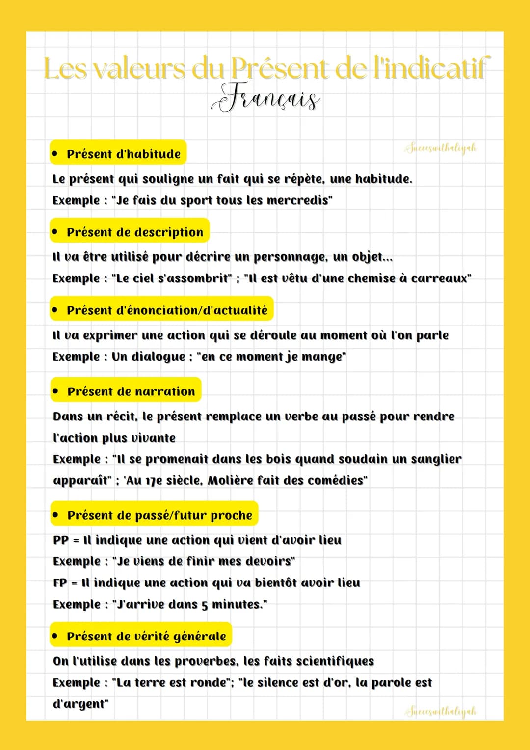 # Les valeurs du Présent de l'indicatif
Français
• Présent d'habitude
Succeswitheliyah
Le présent qui souligne un fait qui se répète, un