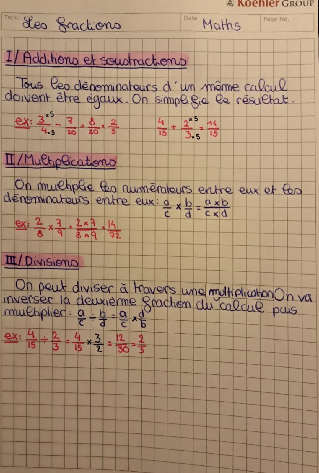 ## Topic Les fractions
## I/ Additions et soustractions
Tous les dénominateurs d'un même calcul
doivent être égaux. On simplifie le résult