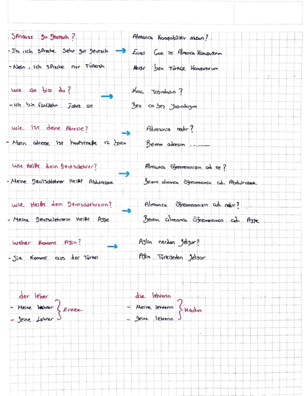 # ALMANCA
wer bist du?
Sen Kimsin?
→
-Ich bin Anna
Ben anna'yım
wie heißt du?
Adin ne?
-Ich, heße Anna
Benim adım Anna
wie ist dein name?