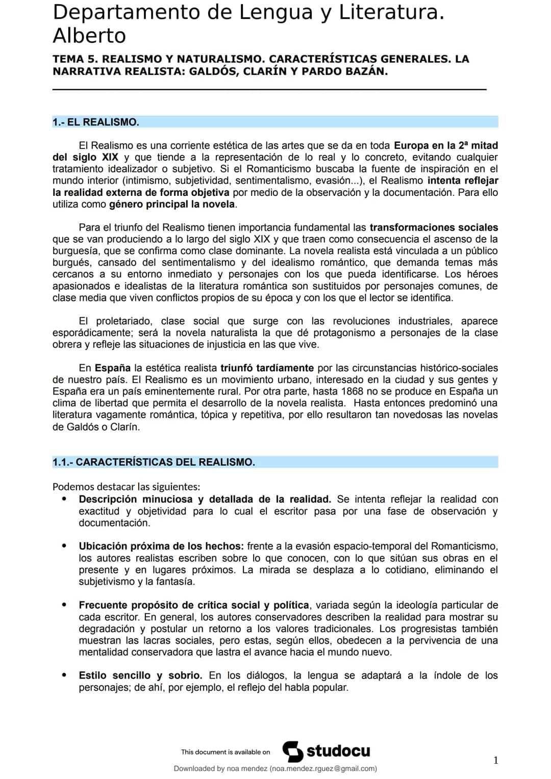 studocu
TEMA 5 Realismo y Naturalismo. Galdós, Clarín Y Pardo
Bazán
Lengua Castellana y Literatura II (Instituto de Educación Secundaria V