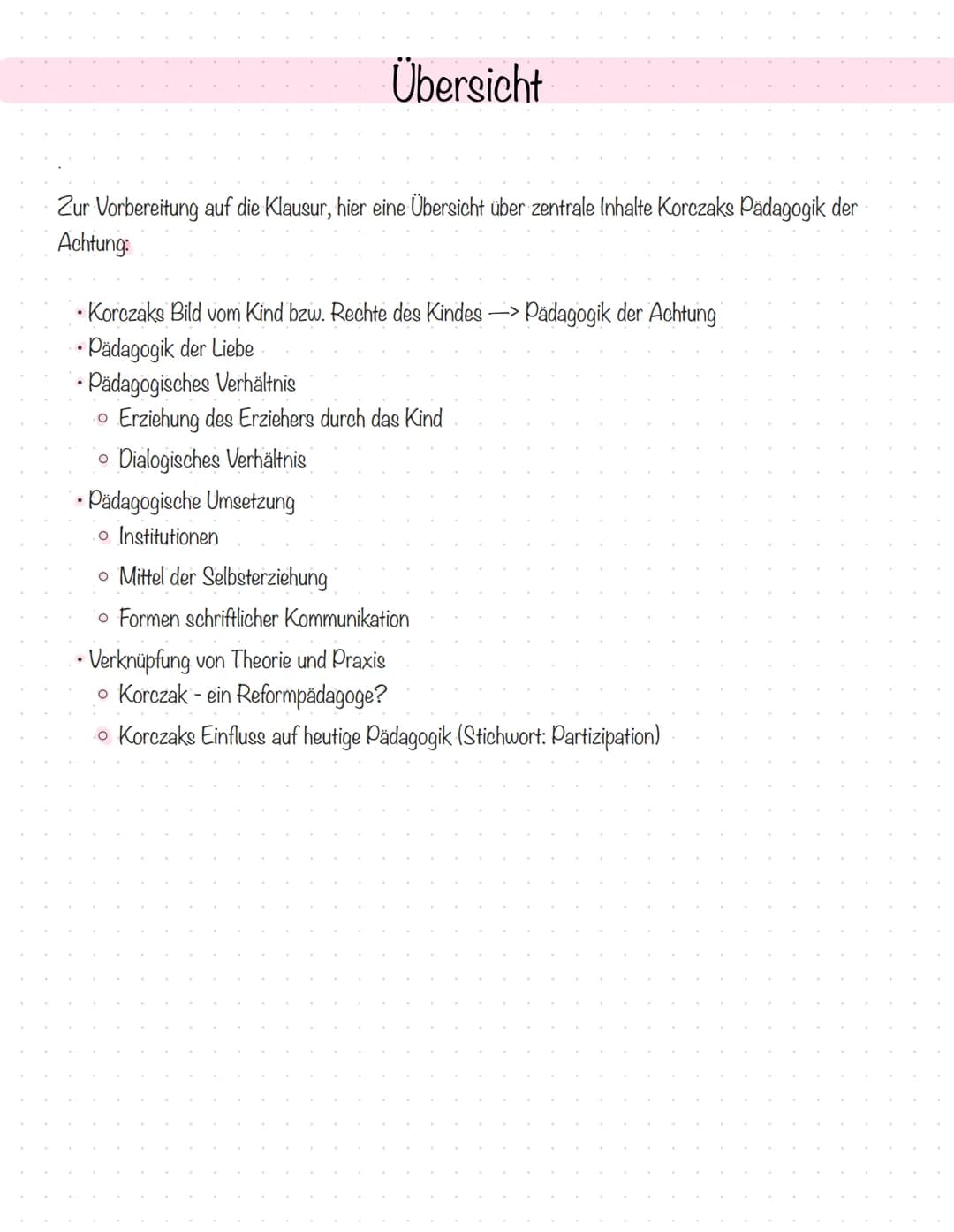 <p>Die Pädagogik der Liebe nach Janusz Korczak beinhaltet verschiedene Aspekte, die grundlegend für die Erziehung und den Umgang mit Kinder