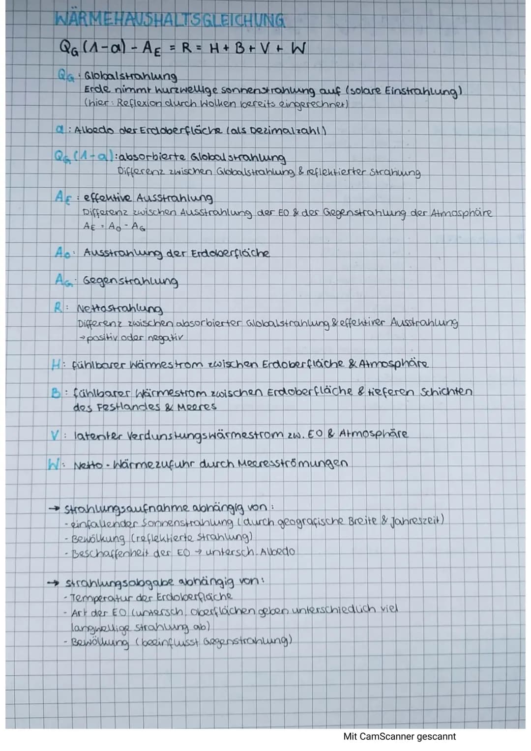 # WARMEHAUSHALTSGLEICHUNG
$Q_G$ (-α) - Αε = R = H + B + V +W
Q: Globalstrahlung.
Erde nimmt hurzwellige sonnenstrahlung auf (solare Einstra