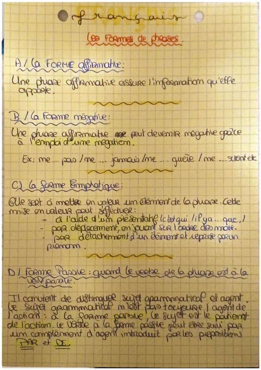 # français
Lea Formes de pheases.
A/la Forme affiamahve:
Une phrase affirmative assure l'information qu'efle
apparte.
B/la Formme megati