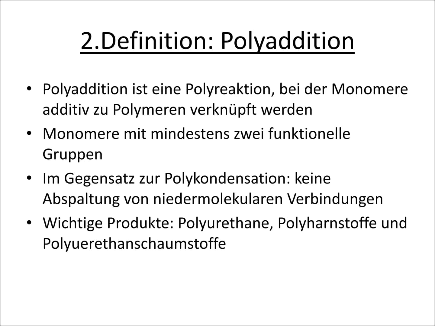 Annabell Arzt
GFS Chemie
20.02.2002
# Polyaddition
## Geschichte
- Otto Bayer
- 1937 erfinden er und seine Mitarbeiter die Polyaddition vo