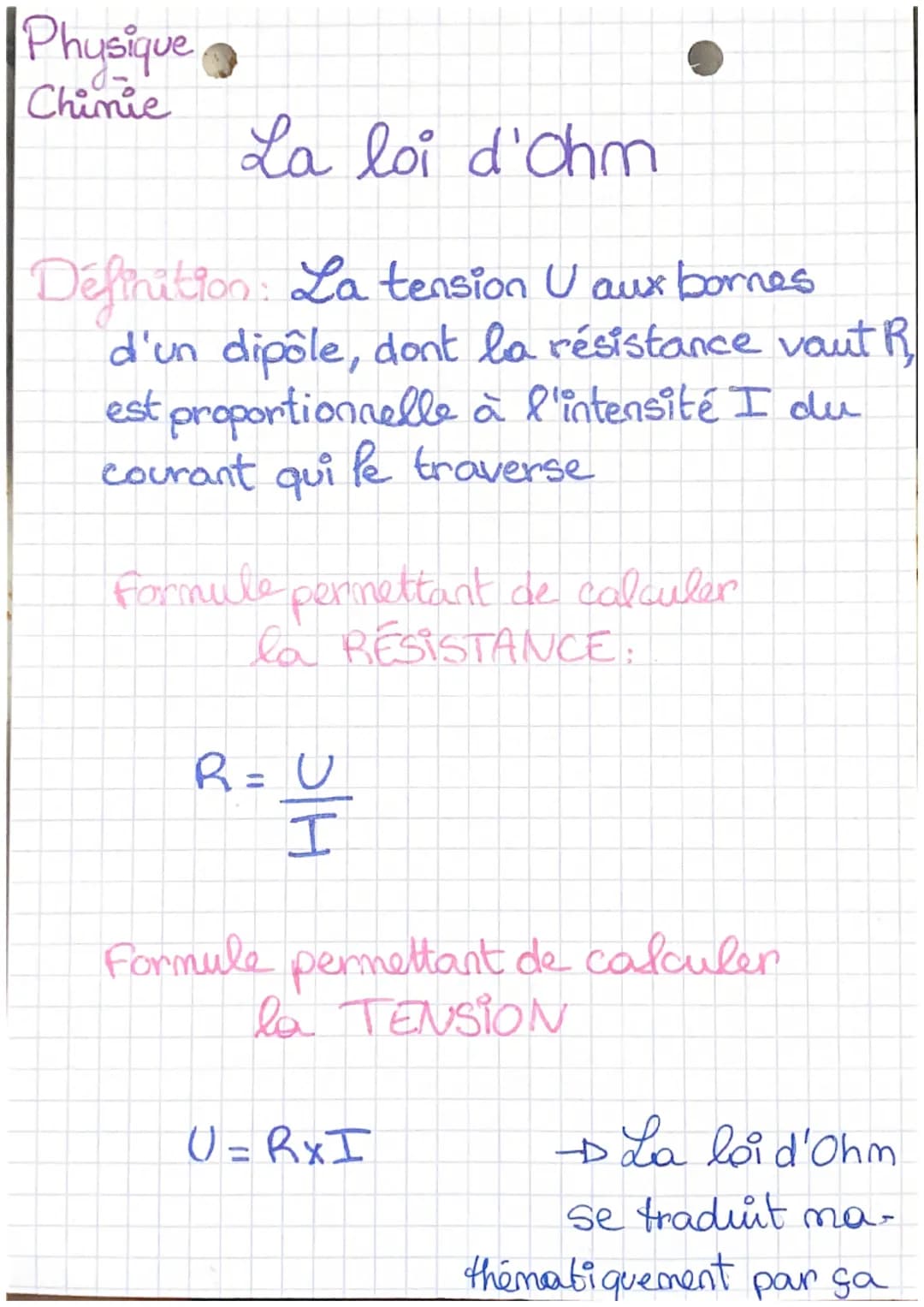 Phusique
Chimie
# La loi d'Ohm
Définition: La tension U aux bornes
d'un dipôle, dont la résistance vaut R,
est proportionnelle à l'intensi