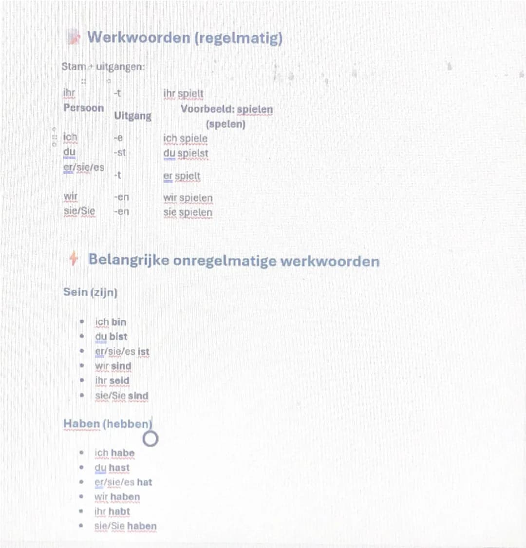 # Samenvatting Duitse grammatica
## Lidwoorden
* Bepaald lidwoord (de/het)
* `der` (mannelijk), `die` (vrouwelijk), `das` (onzijdig),