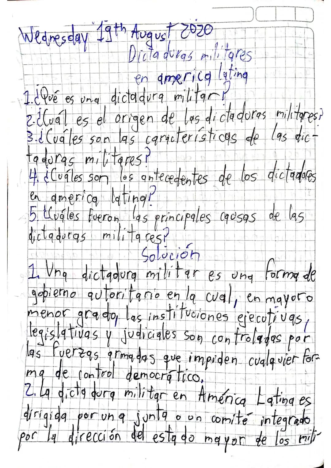 Wednesday 19th August 2020
Dictaduras militares
en america lating
1. ¿Qué es una dictadura militar!
2. ¿Cuál es el origen de les dictadore