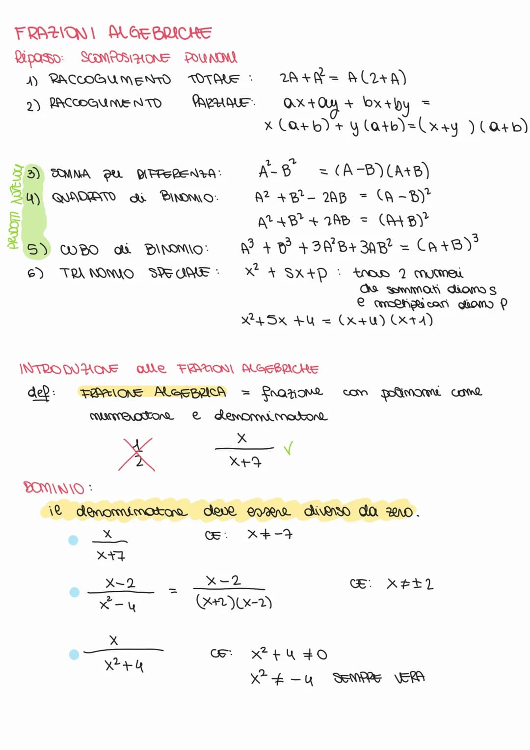 # FRAZIONI ALGEBRICHE
Ripasso: SCOMPOSIZIONE POLUNOMI
1) RACCOGUMENTO TOTALE:
2) RACCOGUMENTO PARZIALE:
3) SOMNA per DIFFERENZA:
4) QUADRATO