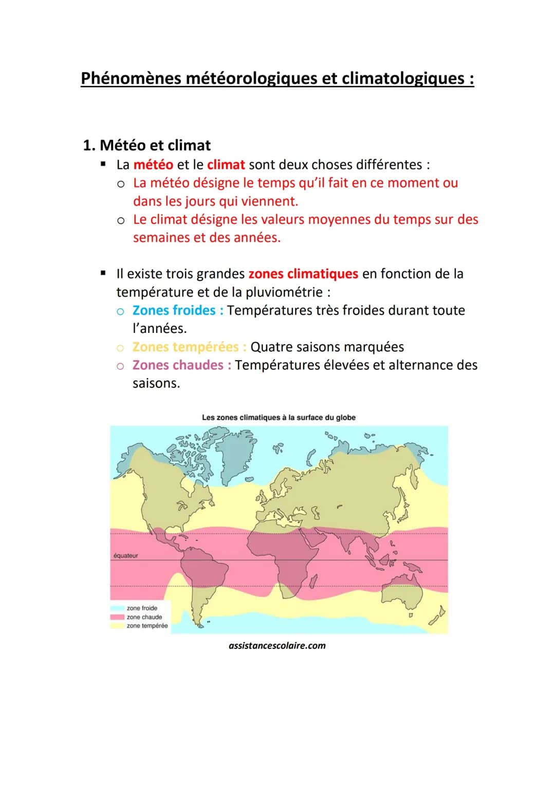 # Phénomènes météorologiques et climatologiques :
1. Météo et climat
■ La météo et le climat sont deux choses différentes :
o La météo dé