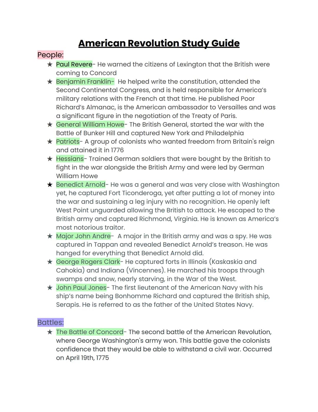 # American Revolution Test Study Guide
## People:
* Paul Revere- He warned the citizens of Lexington that the British were coming to Concor