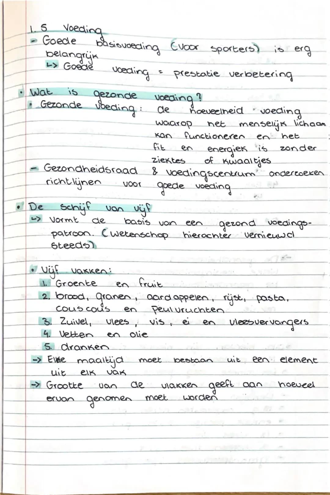 1.5 Voeding
- Goede basisvoeding (voor sporters) is erg
belangrijk
> Goede voeding = prestatie verbetering
• Wat is gezonde voeding?
- Gezon