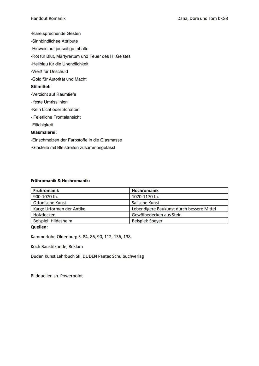 # Handout Romanik
Romanik
Allgemeines:
* Kunstepoche: 10. - 13. Jahrhundert
* Frühromanik 900-1070
* Hochromanik 1070-1170