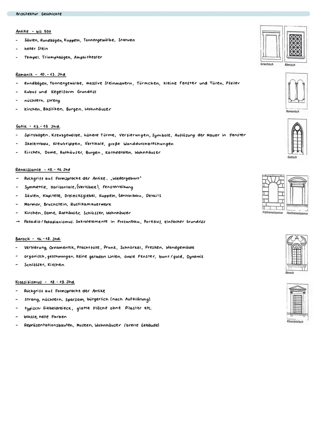 # Architektur Geschichte
Antike bis 500
- Säulen, Rundbögen, Kuppeln, Tonnengewölbe, Statuen
- heller Stein
- Tempel, Triumphbögen, Amphith