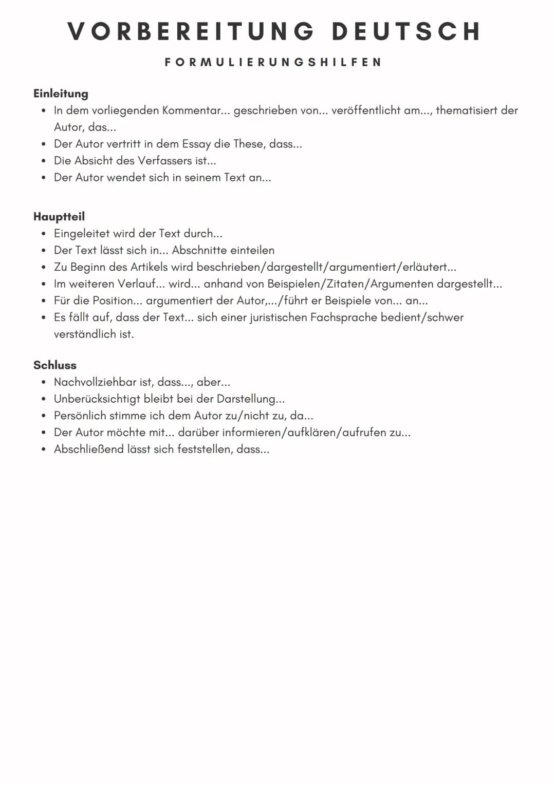 # VORBEREITUNG DEUTSCH
ANALYSE PRAGMATISCHER TEXTE
Einleitung
* Titel, Autor, Textsorte (z.B. Essay, Reportage, Kommentar, Wissenschaftli