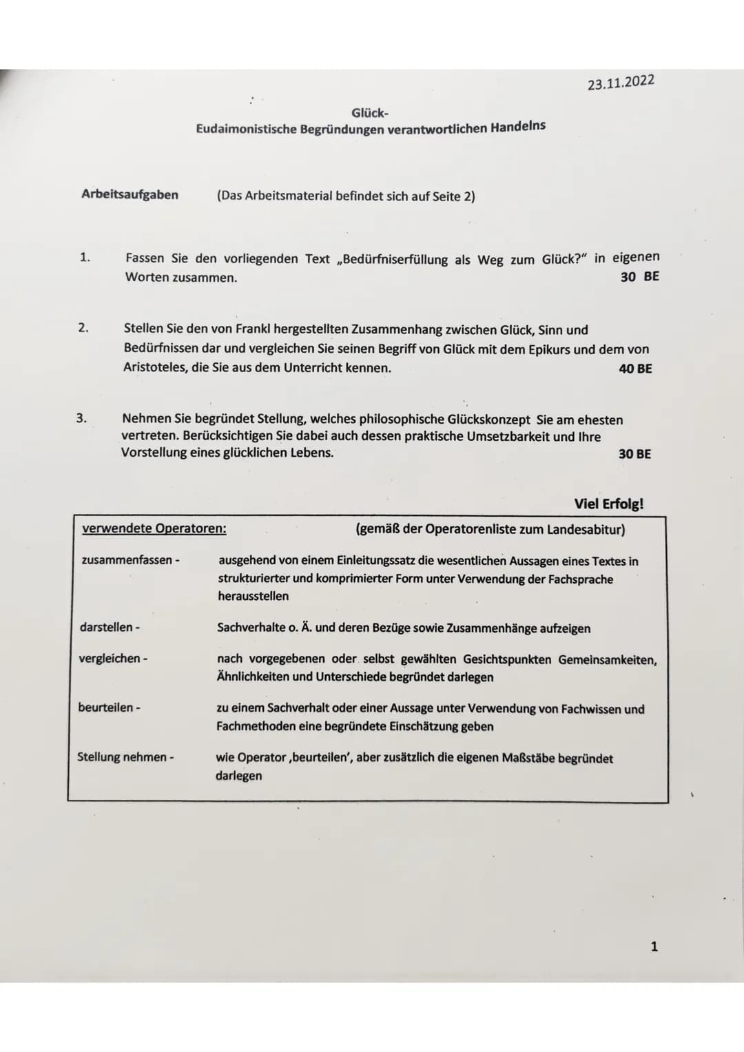 Glück-
Eudaimonistische Begründungen verantwortlichen Handelns
23.11.2022
Arbeitsaufgaben (Das Arbeitsmaterial befindet sich auf Seite 2)