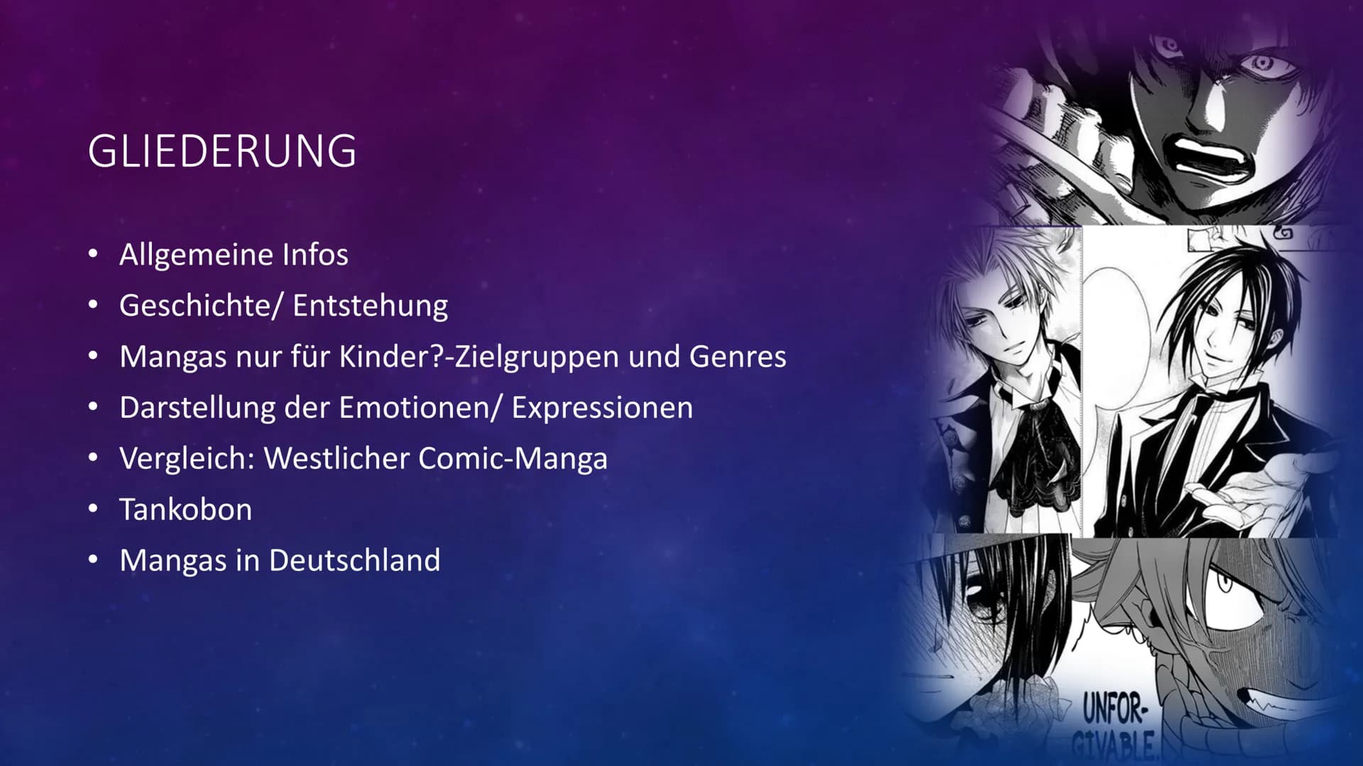 # GFS-Mangas-Handout
## Allgemein
Japan: allgemeine Bezeichnung für Comics
Westen: Bezeichnung für japanische Comics
Zeichner: Mangaka
Anime