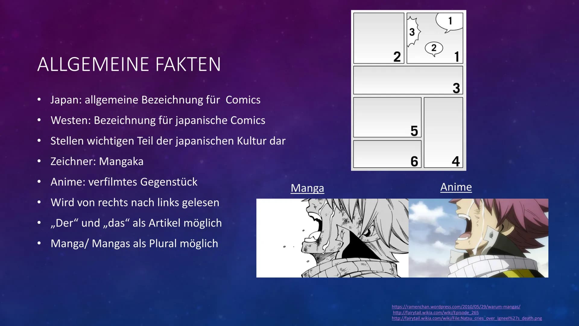 # GFS-Mangas-Handout
## Allgemein
Japan: allgemeine Bezeichnung für Comics
Westen: Bezeichnung für japanische Comics
Zeichner: Mangaka
Anime