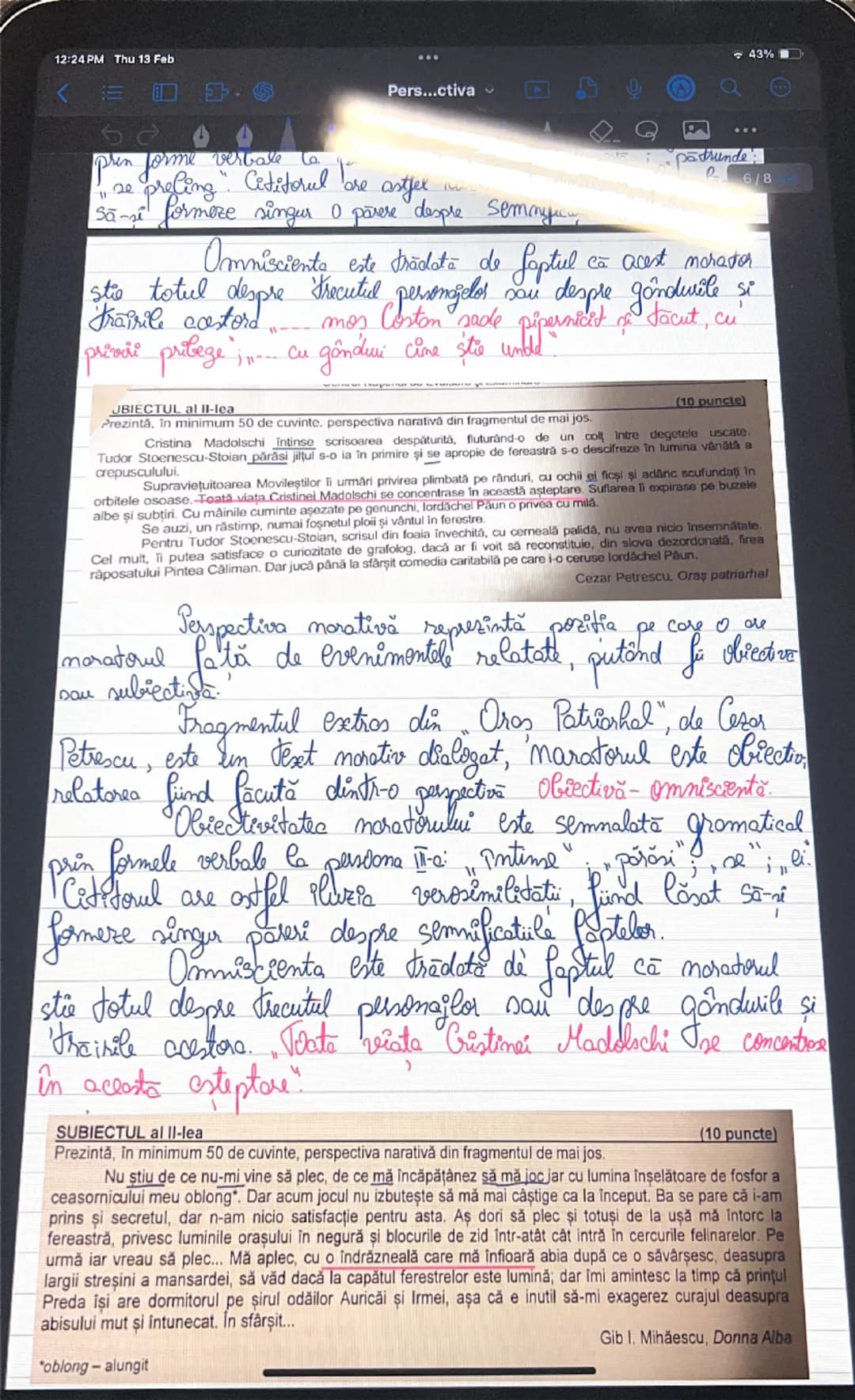 12:23 PM Thu 13 Feb
<
44%
Perspectiva narativă
→ punctul de vedere din care se relatieră continutul
operel marative si la persoona la care s
