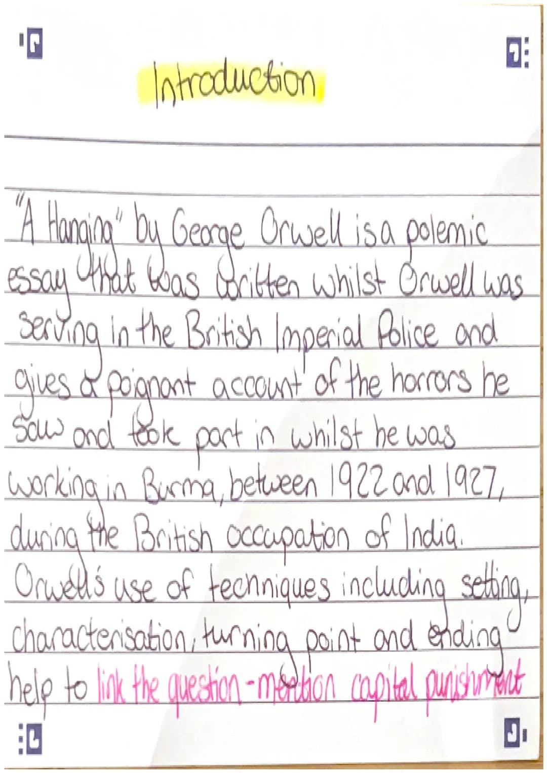 <h2>Introduction</h2>
<p>"A Hanging" by George Orwell is a polemic essay written while Orwell was serving in the British Imperial Police. T