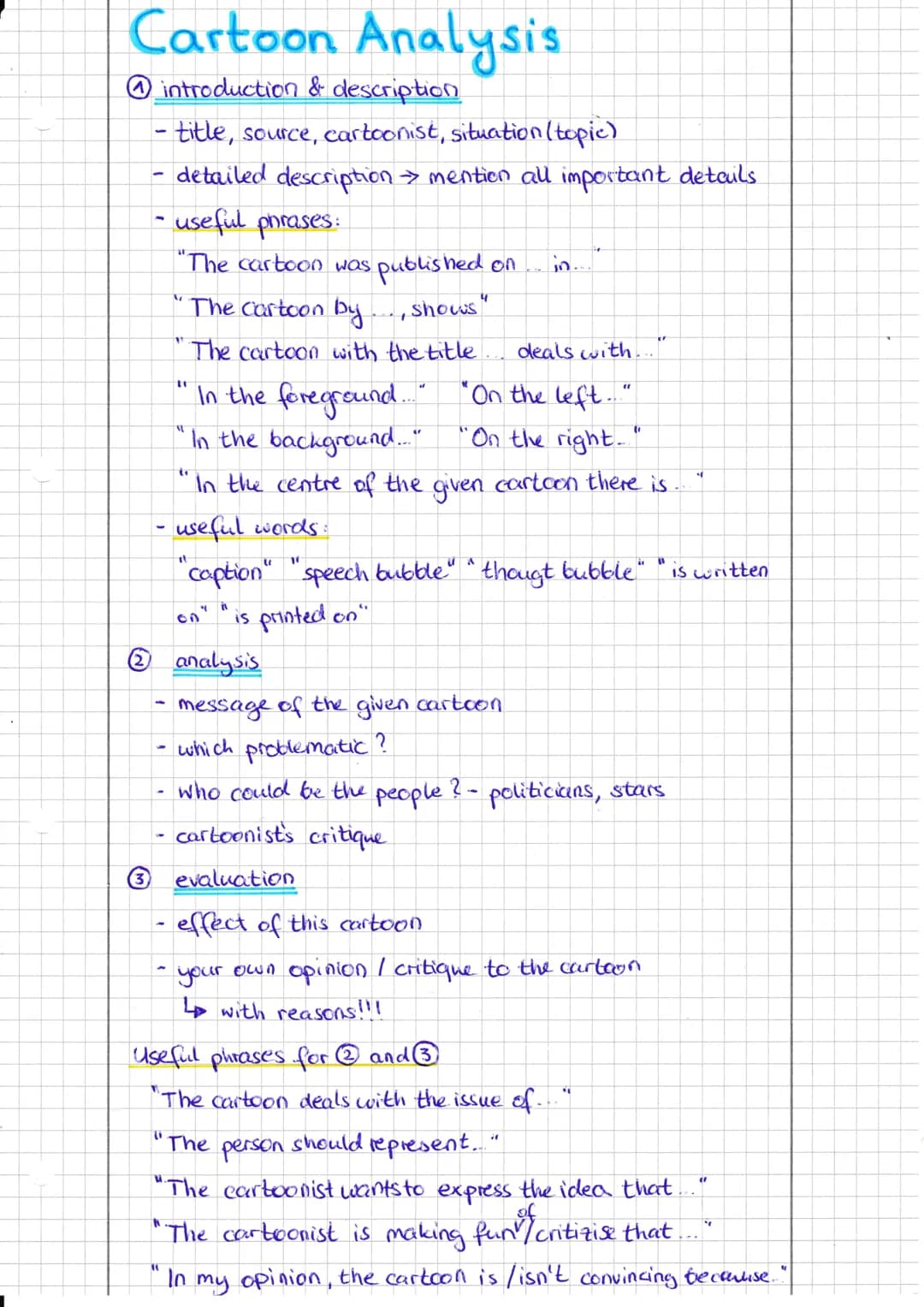 # Cartoon Analysis
introduction & description
- title, source, cartoonist, situation (topic)
- detailed description mention all important