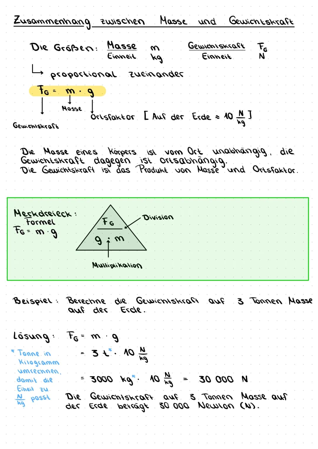# Zusammenhang zwischen Masse und Gewichtskraft
Die Größen: Masse m Gewichtskraft $F_G$
Einheit kg Einheit N
$↪$ proportional zueinander