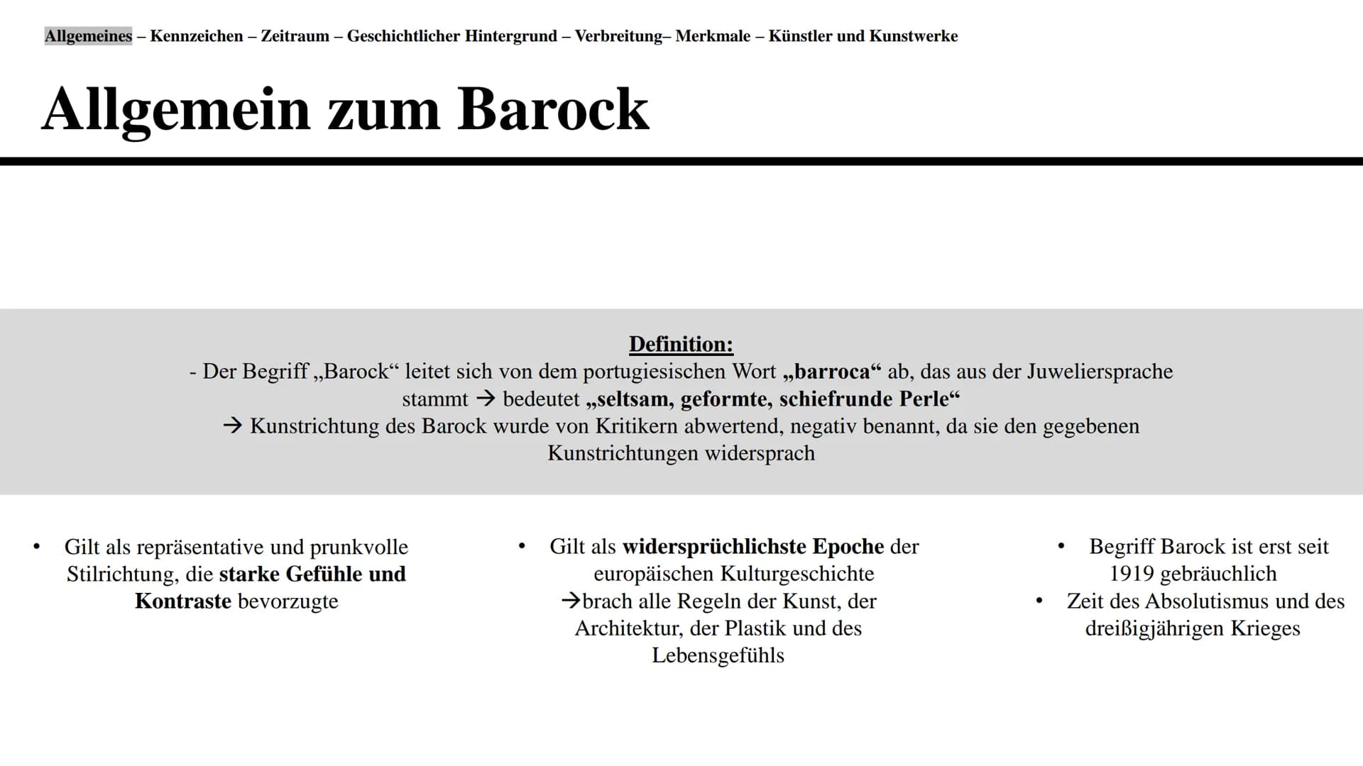 # Barock
Eine Präsentation von Elissanda Ahti # Gliederung
* Definition der Renaissance und Allgemeines
* Kennzeichen
* Zeitraum
*