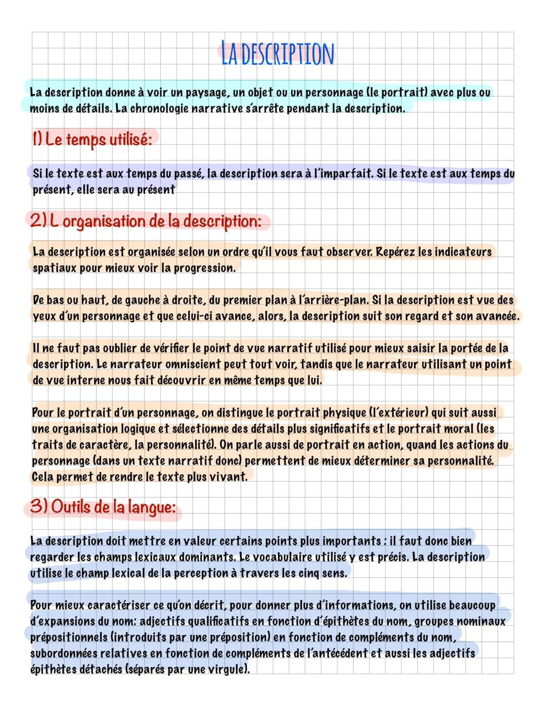 # LA DESCRIPTION
La description donne à voir un paysage, un objet ou un personnage (le portrait) avec plus ou
moins de détails. La chronolo
