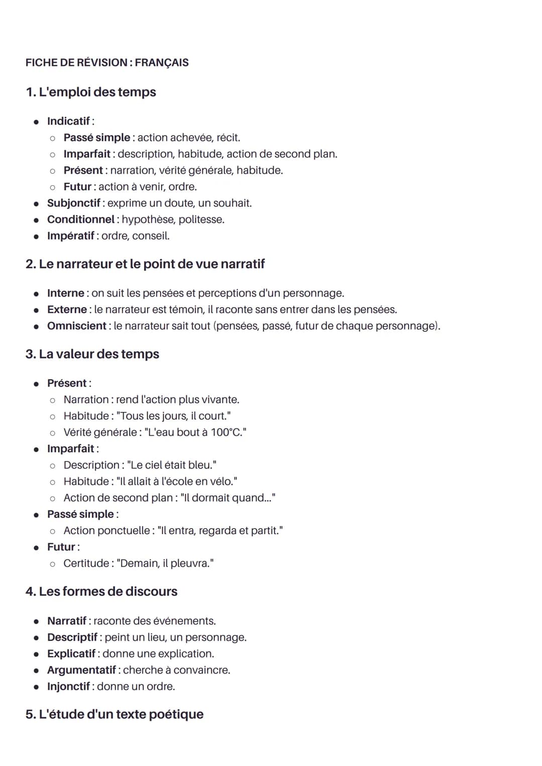 FICHE DE RÉVISION: FRANÇAIS
1. L'emploi des temps
* Indicatif:
* Passé simple: action achevée, récit.
* Imparfait: description, ha