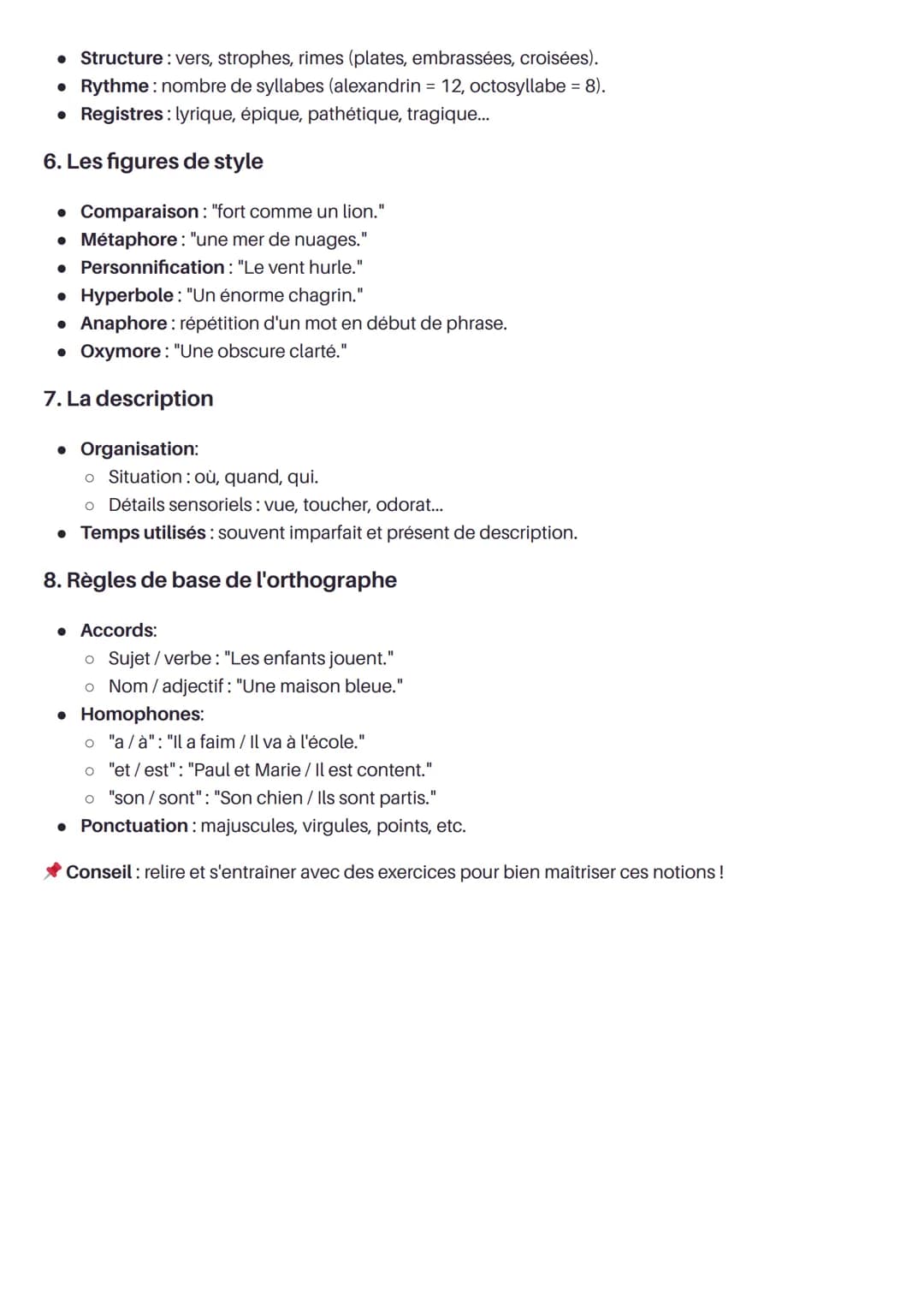 FICHE DE RÉVISION: FRANÇAIS
1. L'emploi des temps
* Indicatif:
* Passé simple: action achevée, récit.
* Imparfait: description, ha